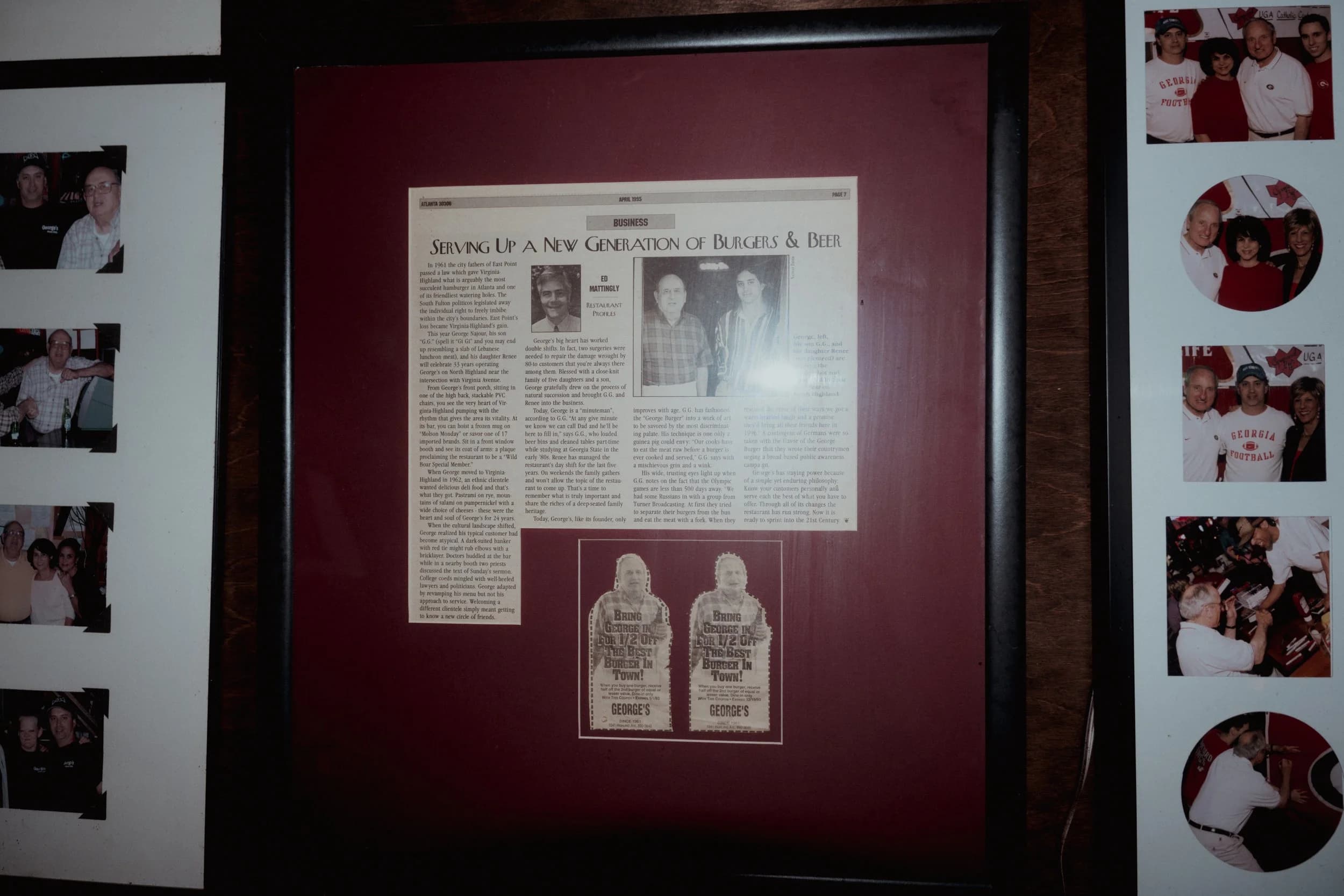 Framed newspaper clipping on the wall at George's Bar